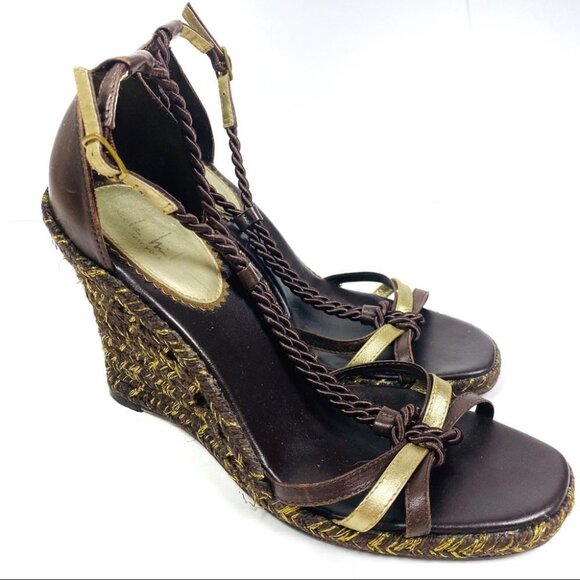 Nicole Miller Brown Leather Gold Rope Wedges - Picture 1 of 7